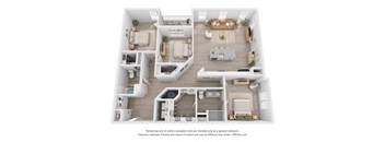 A 3D floor plan of a house with two bedrooms, a living room, a kitchen, and a bathroom.