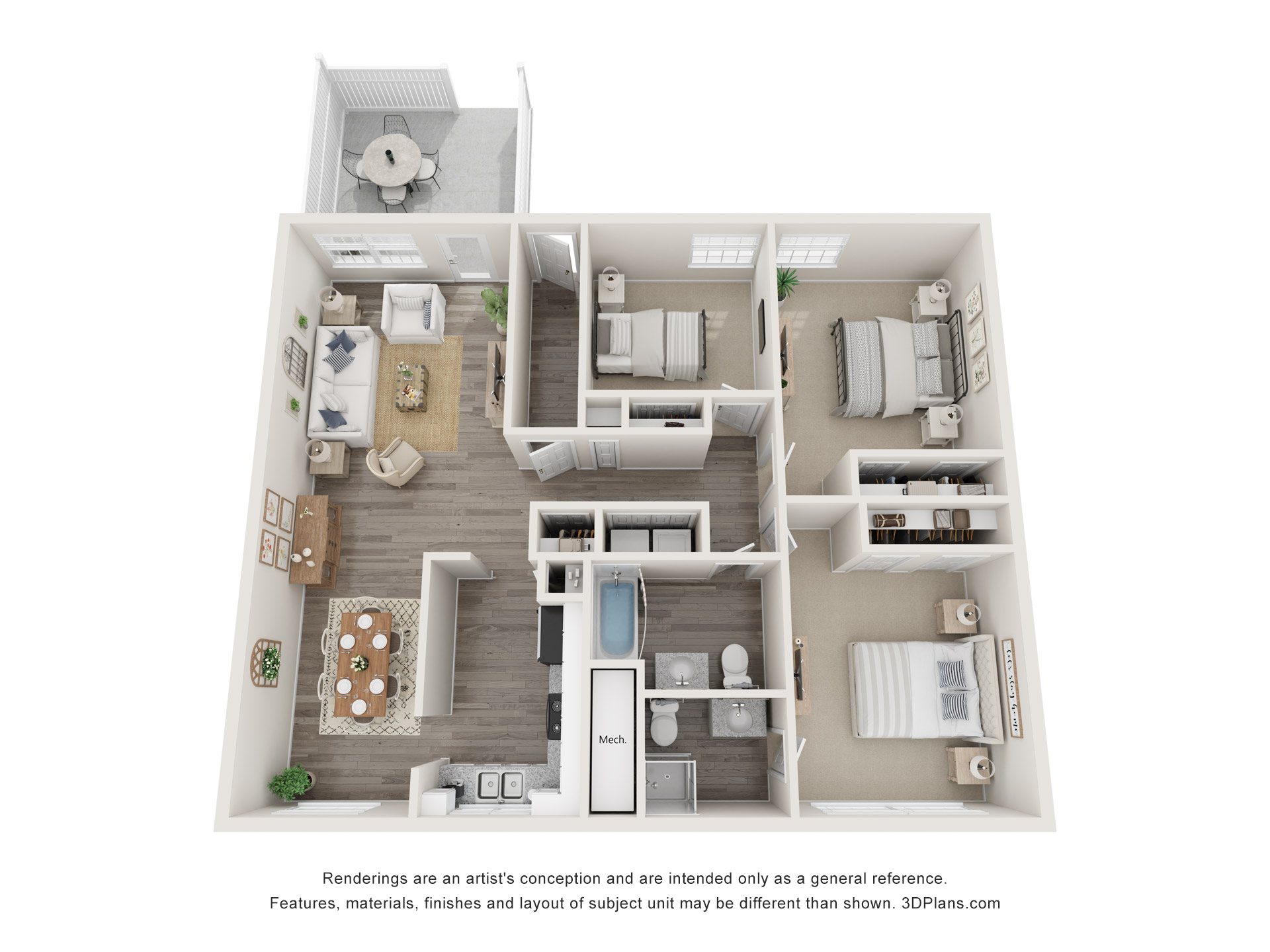 A 3D floor plan of a house with a kitchen, living room, and bathrooms.