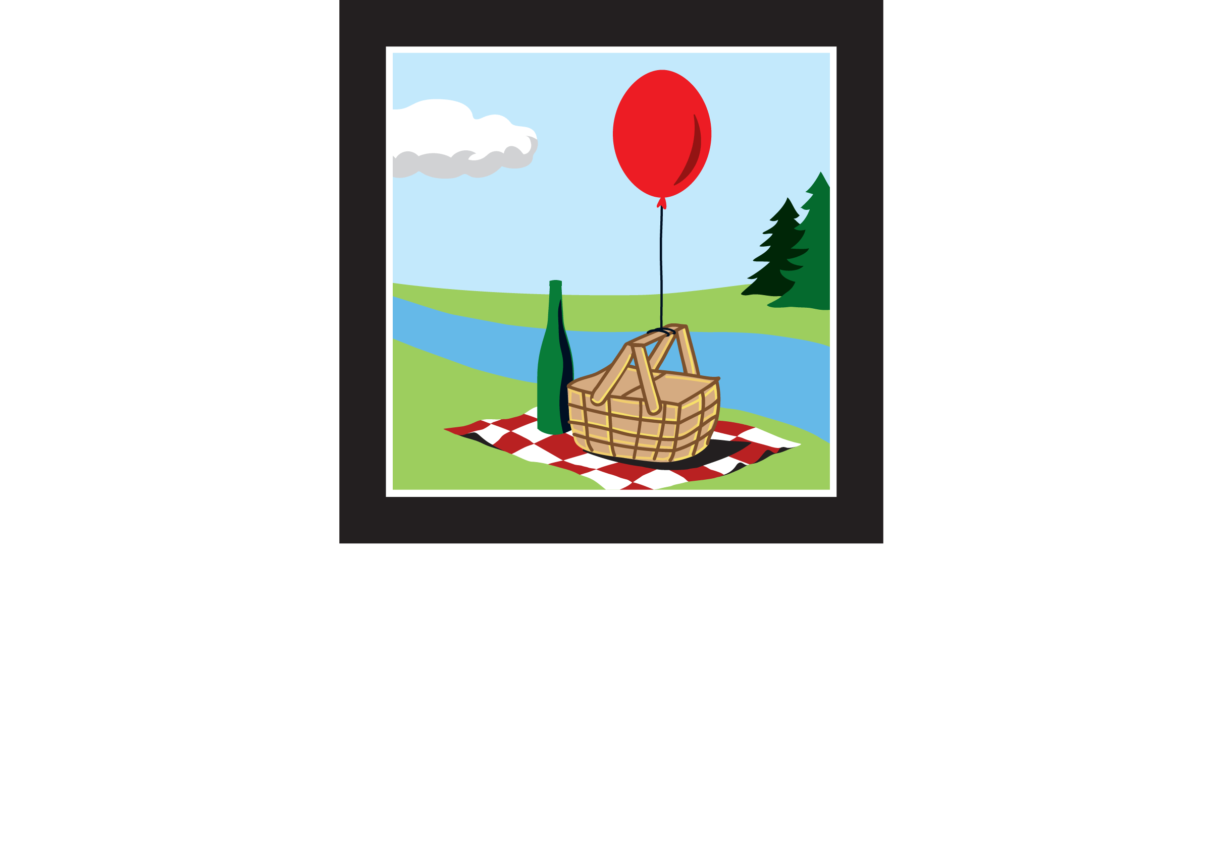 A framed picture of a picnic basket with a red balloon and a green tree.