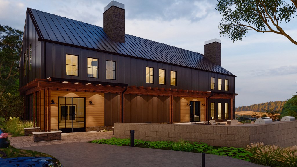 a rendering of a house with a black roof and a cinder block wall at Terraces at High Mountain, Huntsville Alabama