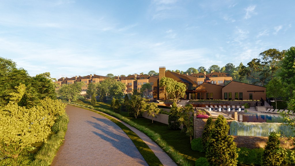 a rendering of a neighborhood with a river and houses at Terraces at High Mountain, Huntsville