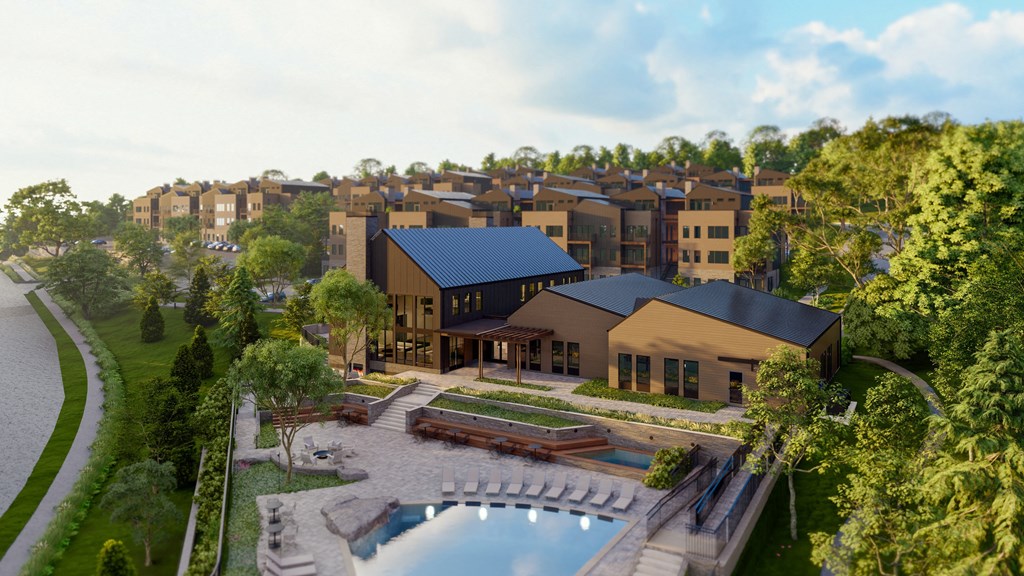 an aerial view of a resort with a pool and buildings at Terraces at High Mountain, Huntsville, AL 35811
