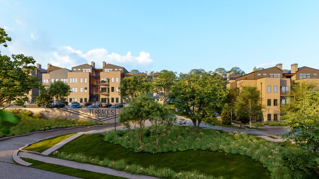 a rendering of a park with trees and buildings in the background at Terraces at High Mountain, Huntsville, AL