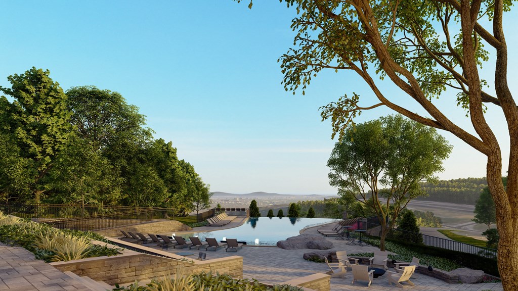 the infinity pool at the resort overlooks the river at Terraces at High Mountain, Huntsville, AL 35811