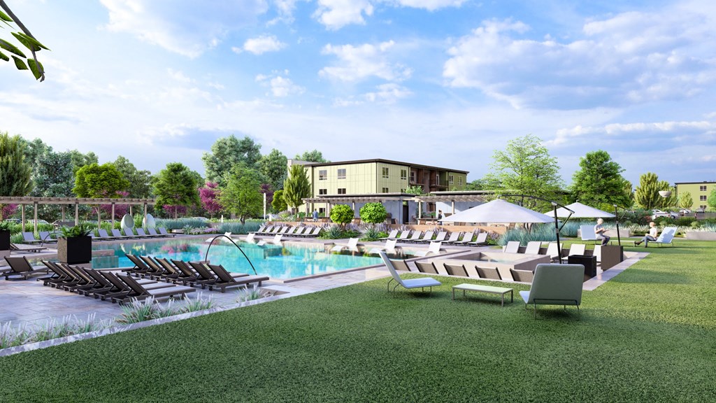 a rendering of a pool with lounge chairs and umbrellas a rendering of a pool with lounge chairs and umbrellas at Boardwalk at Research Park, Huntsville