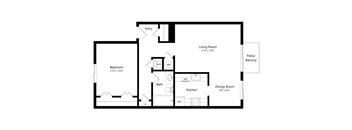 A floor plan of a house with a living room, dining room, kitchen, bedroom and bathroom.