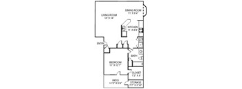 A floor plan of a home with a living room, dining room, kitchen, bedroom, bath, patio, and storage.