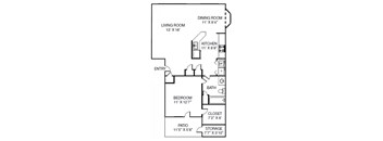 A floor plan of a small apartment with a living room, dining room, kitchen, bedroom, bathroom, closet, and storage area.