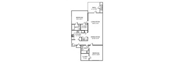 A floor plan of a house with a living room, dining room, kitchen, two bedrooms, a bathroom, a patio, and a storage area.