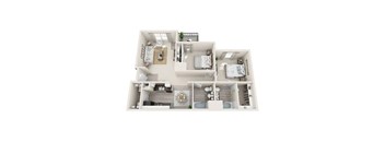 A white floor plan of a house with a living room, kitchen, and two bedrooms.