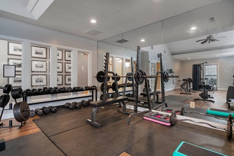 A well-equipped home gym at Camden Place Apartments, Dublin, OH