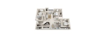 A 3D floor plan of a house with multiple rooms and furniture.