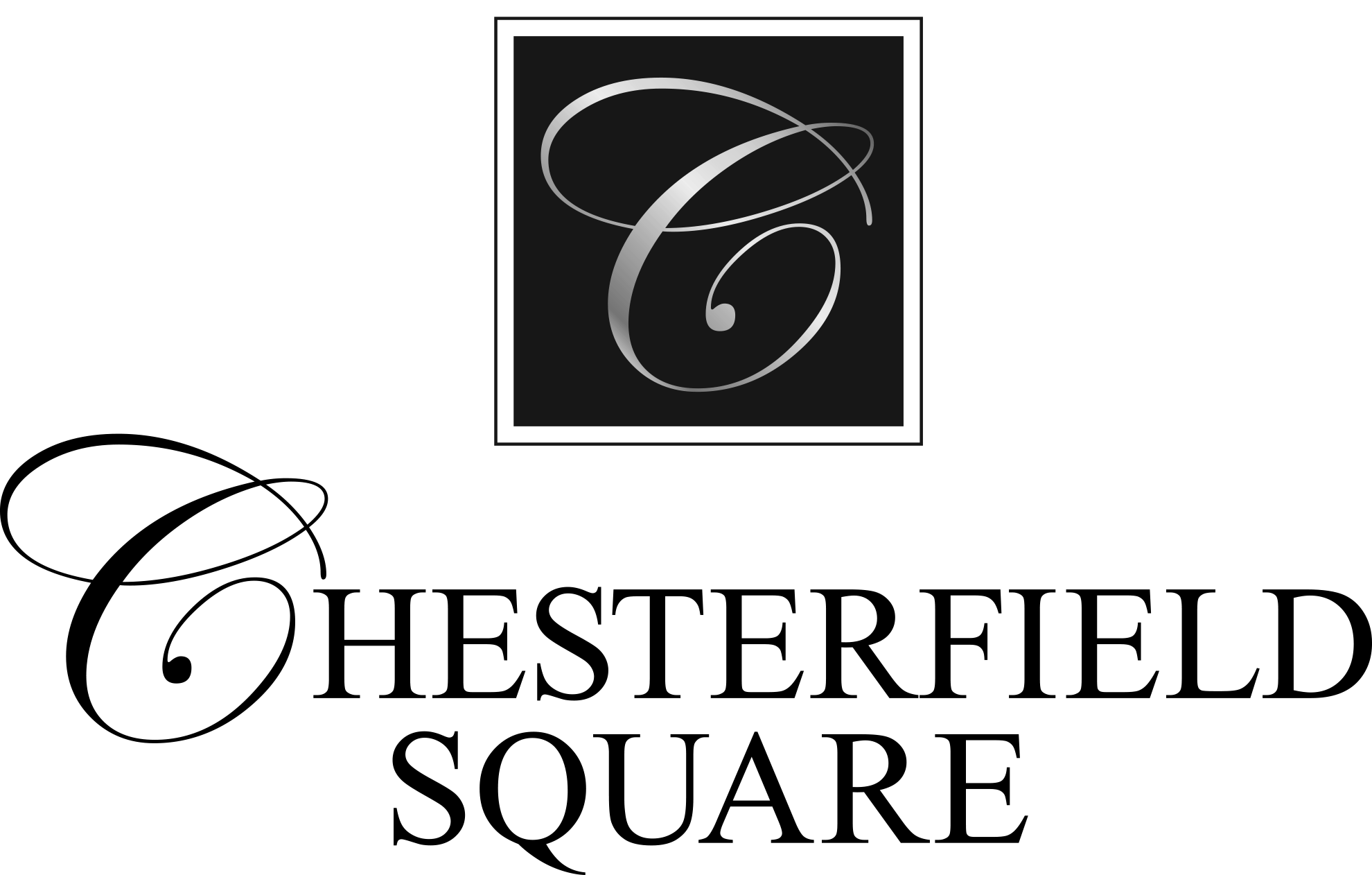A black and white image of a stylized letter "S" in a square frame.