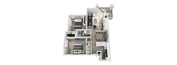 A top-down view of a modern apartment layout.