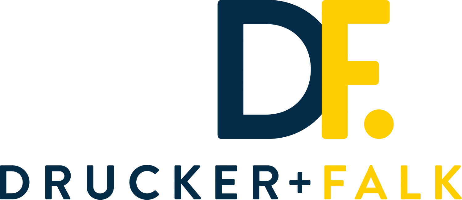 A logo with the letters DF and the words Drucker+Falk.