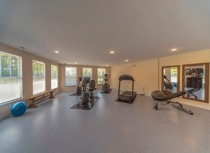 a gym with a lot of exercise equipment and windows