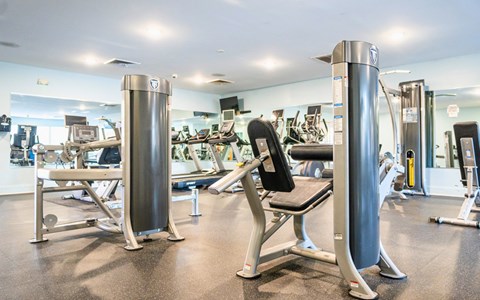 A gym with a variety of equipment including treadmills, weights, and exercise machines.