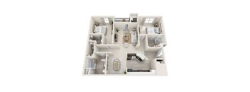 A top-down view of a modern apartment layout with a kitchen, living room, and bedrooms.