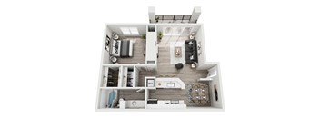 A top-down view of a modern apartment with a kitchen, living room, and bedroom.