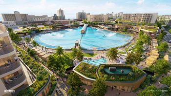 a rendering of a swimming pool in a city with buildings