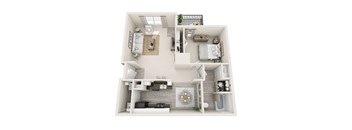 A top-down view of a small apartment with a kitchen, living room, and bedroom.