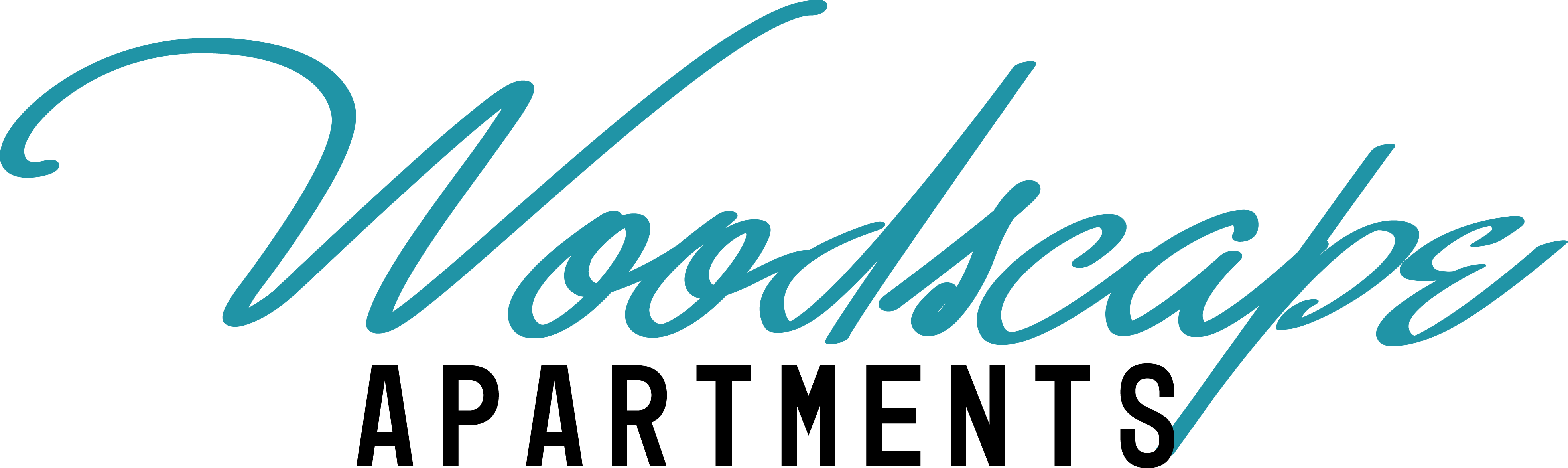 The image displays the word "Woodscaps" in a cursive, teal font.