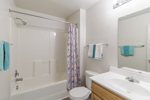 A white bathroom with a toilet, sink, and shower.