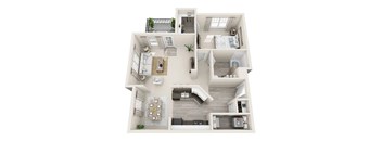 A top-down view of a modern apartment layout with a kitchen, living room, and bedroom.