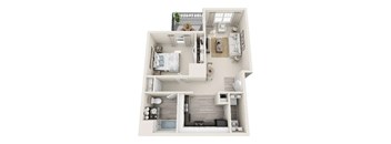 A top-down view of a small apartment with a bedroom, living room, and kitchen.