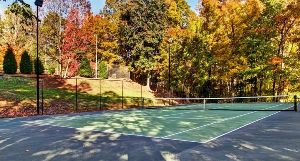 a tennis court with trees in the background