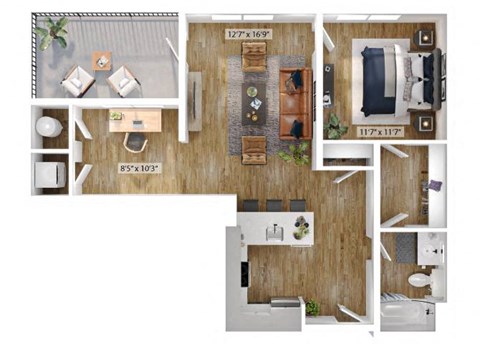 1 Bed 1 Bath Floor Plan | 939 Sq. Ft. at Boardwalk at Research Park in Huntsville, Alabama 35811