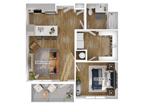 1 Bed 1 Bath Floor Plan | 839 Sq. Ft. at Boardwalk at Research Park in Huntsville, Alabama