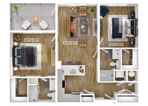 2 Bed 1 Bath Floor Plan | 1,243 Sq. Ft. at Boardwalk at Research Park in Huntsville, Alabama