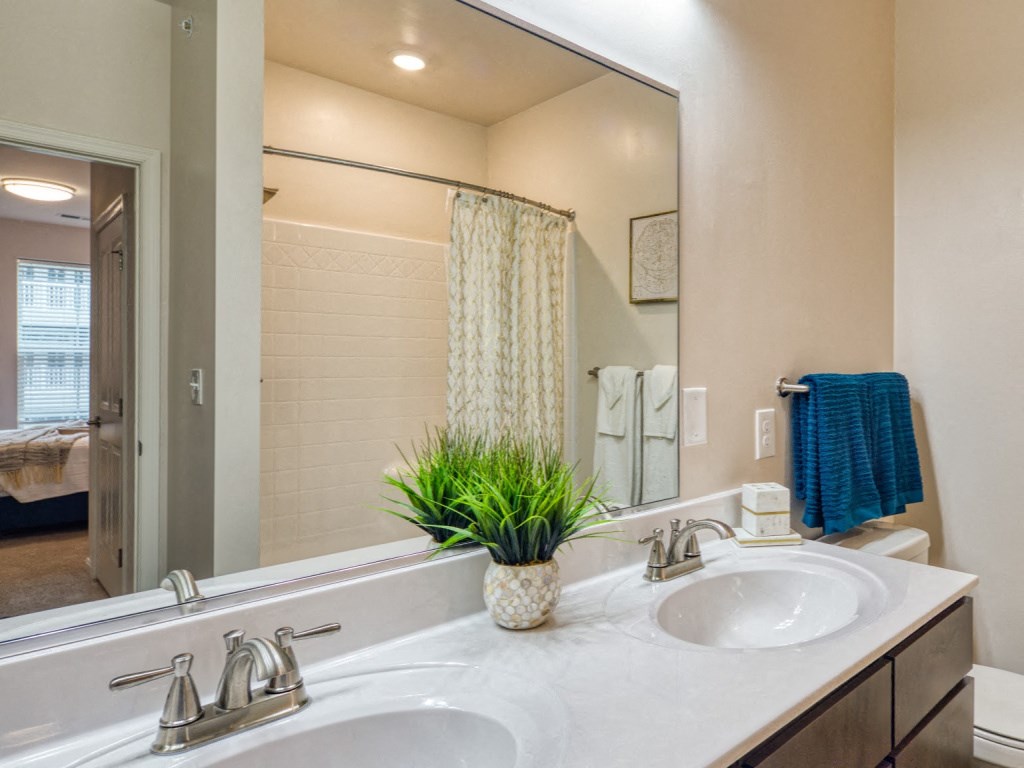 a bathroom with two sinks and a large mirror