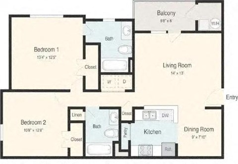 A floor plan of a home with two bedrooms, a living room, a dining room, a kitchen, and a balcony.