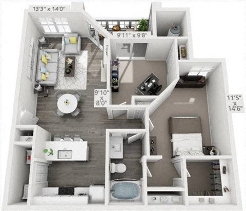 A floor plan of a small apartment with a kitchen, living room, and bathroom.