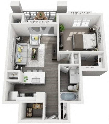 A 3D floor plan of a small apartment with a kitchen, living room, and bathroom.