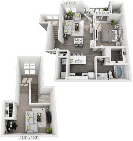 A floor plan of a two-story home with a living room, kitchen, and two bedrooms.