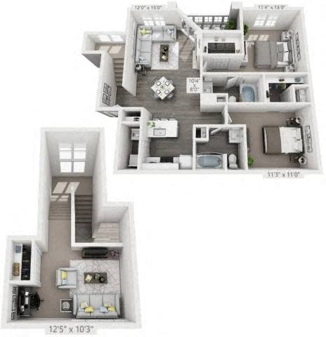 A floor plan of a two-story home with a living room, kitchen, and two bedrooms.