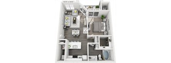 A 3D floor plan of a small apartment with a living room, kitchen, and bathroom.