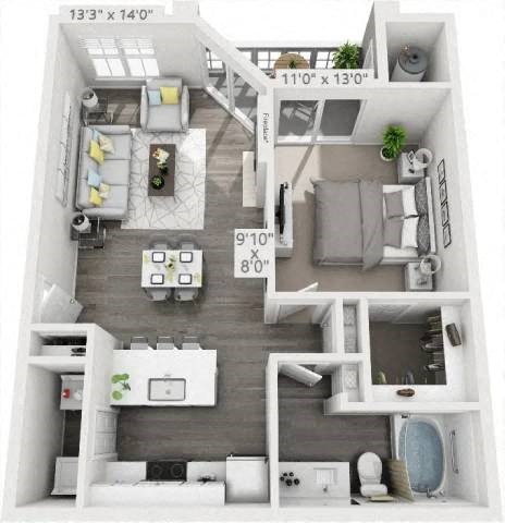 A 3D floor plan of a small apartment with a living room, kitchen, and bathroom.