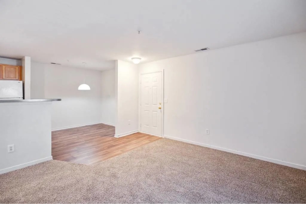 A room with a white door and a brown floor.