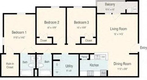 A floor plan of a house with three bedrooms, a living room, a dining room, a kitchen, a bathroom, a utility room, and a balcony.