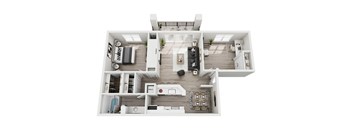 A top-down view of a modern apartment layout with a kitchen, living room, and bedrooms.