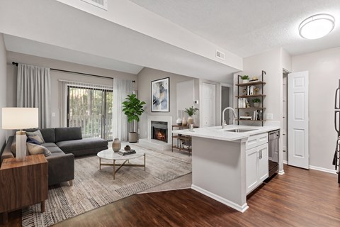 A modern living room with a grey couch, a coffee table, and a fireplace.