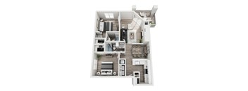 A top down view of a modern apartment layout.