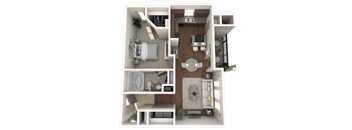 A 3D floor plan of a house showing a kitchen, living room, and bathroom.