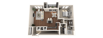 A 3D floor plan of a small apartment with a kitchen, living room, and bedroom.