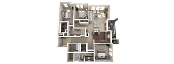 A 3D floor plan of a house showing a kitchen, living room, dining room, and bedrooms.