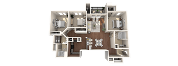 A 3D floor plan of a house layout.